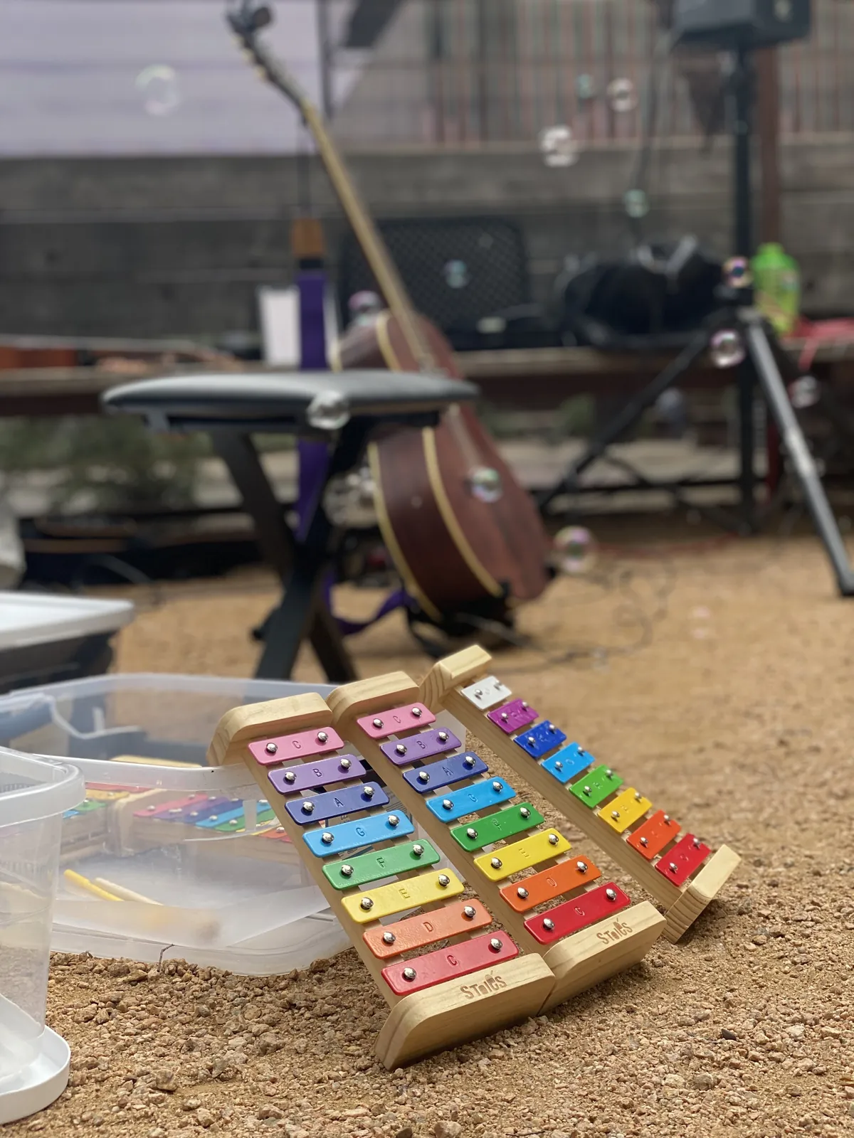 Colorful xylophone and bubbles at a birthday party